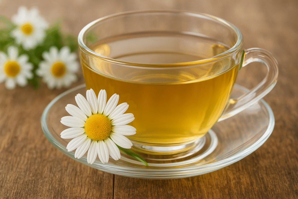 Flor de camomila e xícara de chá de camomila